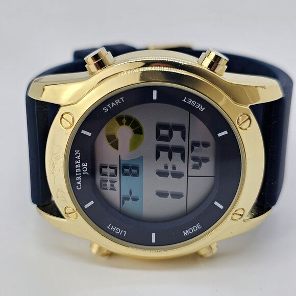 43MM Caribbean Joe Men's Digital Watch Alarm Chrono Gold Case Blue Plastic Bands - Picture 1 of 15